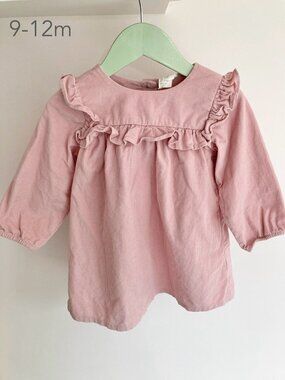 💙2/$25 H&M 9-12 Months Baby Girl Pink Corduroy Ruffle Dress Balletcore Cottage